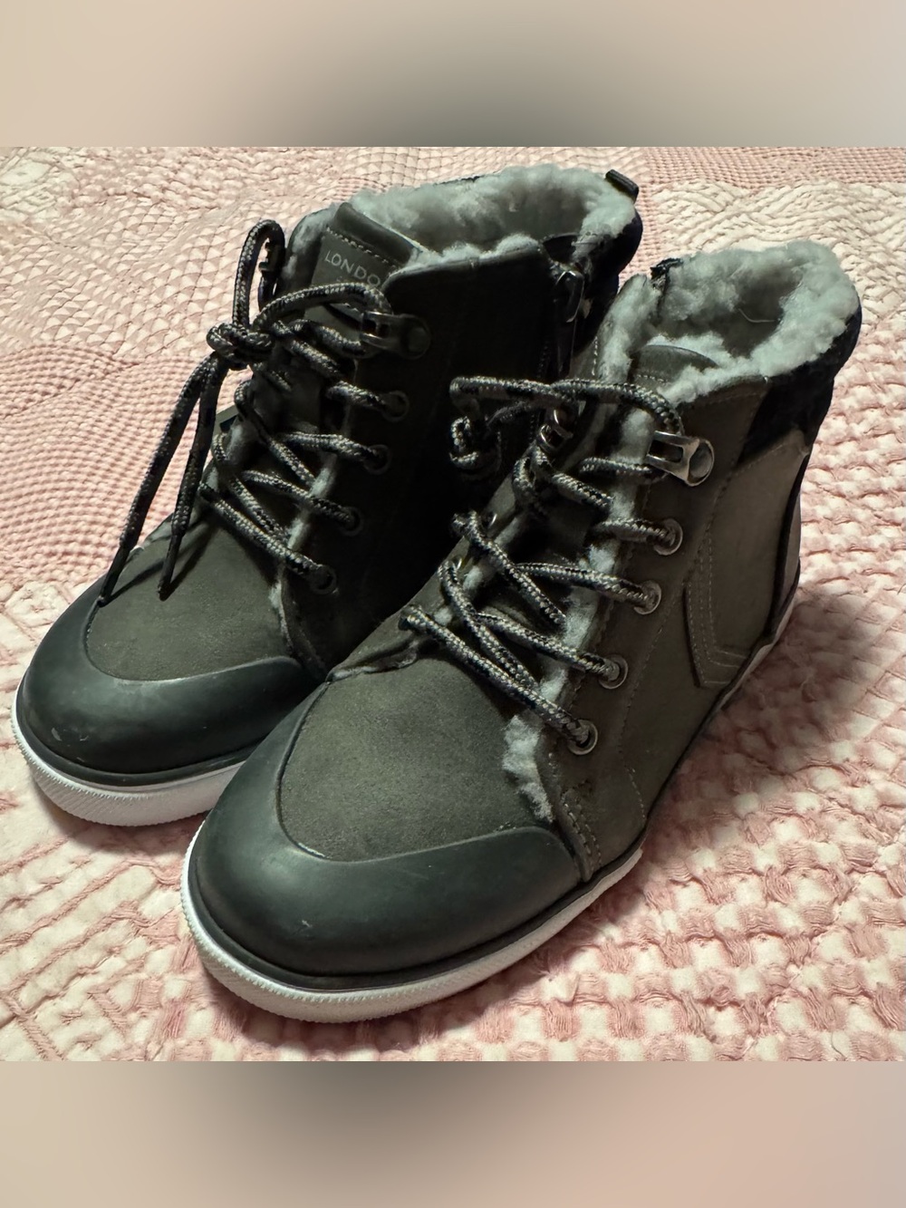 London Fog Kids Black Gray Faux-Fur Lace-Up Winter Boots